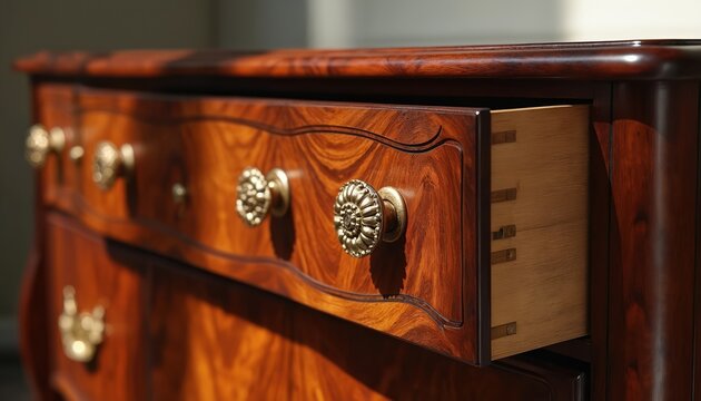Close-up shot of ornate rosewood dresser. Wooden furniture features polished surface and detailed brass drawer pulls. One drawer is open, revealing interior construction and wood grain.
