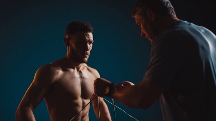 Boxer performing strength rehab resistance cords physiotherapist adjusting technique professional lighting