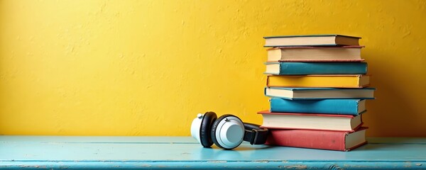 Pile of books rests next to headphones. Concept for audiobooks education and entertainment. Vintage headphones and literature on blue table against yellow wall.