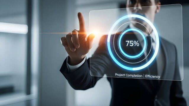 Professional businessman touching futuristic holographic interface displaying project completion data and efficiency metrics - Powered by Adobe