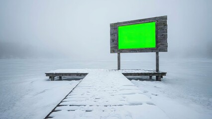 Snowy Pathway to a Green Screen Billboard in Winter.