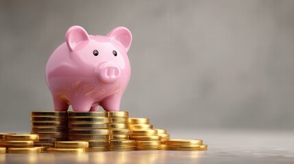Pink piggy bank standing on stacks of gold coins, concept of finance, economy, investment, savings, and accumulation of money, clean minimal studio background, soft professional lighting