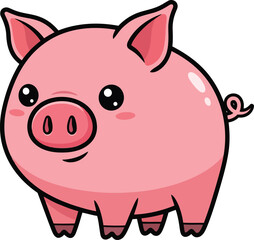 Cute cartoon pink pig standing isolated on looking happy and friendly