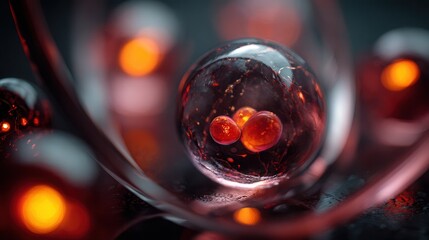 Surreal macro shot of a tiny embryo reflected inside a shiny ring, surrounded by glowing red spheres, ultra-detailed textures, ethereal lighting, futuristic and mystical atmosphere
