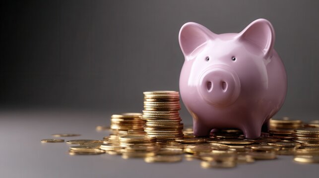 Pink piggy bank filled with shiny gold coins, symbolizing money, financial system, investment, savings, and accumulation of wealth in banks, clean studio background
