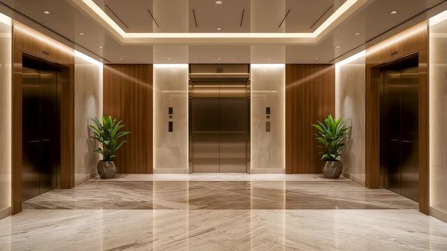 Luxury Elevator Lobby Marble Floor Wooden Panels LED Lighting Potted Plants Modern Building Interior