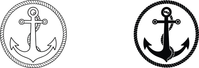 Set of nautical anchor silhouettes with rope circle frames in black and white line art isolated on white background © Md