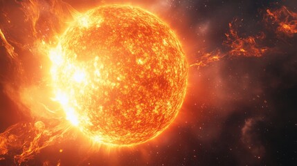 Fiery glowing Sun with plasma surface in cosmic galaxy space symbolizing astronomy, science, energy, heat fire stellar radiation cosmic explosion outer mystery bright universe, and astronomical power