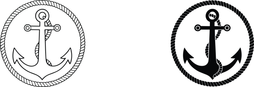Set of nautical anchor silhouettes with rope circle frames in black and white line art isolated on white background