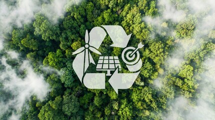 Circular sustainability strategy with renewable energy symbols above green forest from aerial view representing environmental goals and responsible resource management.