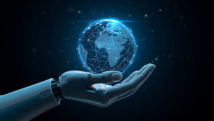 Robotic hand supporting a glowing blue digital globe with interconnected lines representing global networks and data flow