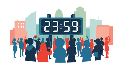 Modern flat vector illustration of New Year countdown in public square with digital clock and crowd silhouettes at night, ideal for event promotions © meeblues