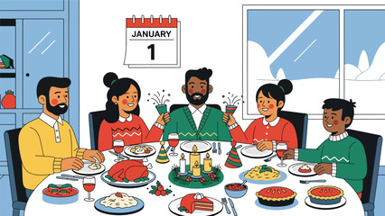 Modern flat vector illustration of family New Year dinner at home with festive table and January 1 calendar, warm interior scene, ideal for greeting cards
