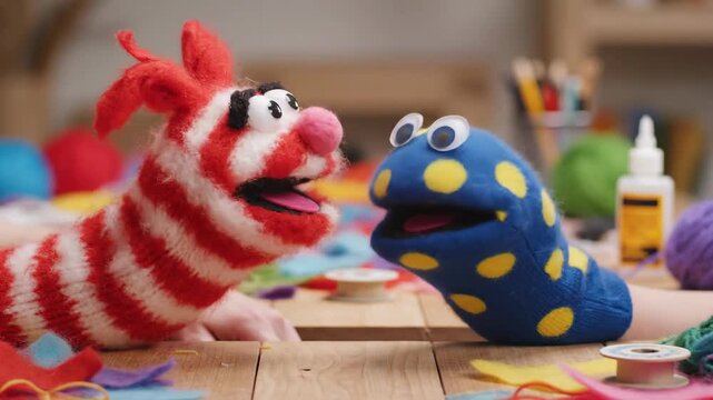 Two colorful sock puppets interacting on a wooden table