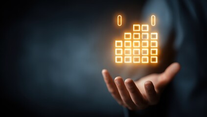 Human Hand Holding Luminous Holographic Calendar Icon for Digital Planning and Scheduling in Dark Setting.