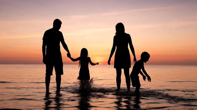 Family Bonding at Sunset Beach Walking Hand in Hand with Playful Moments