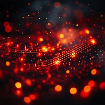 Glowing red musical notes and bokeh lights on dark background sheet music melody