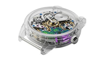 Transparent watch with visible intricate gears and circuit board clear timepiece