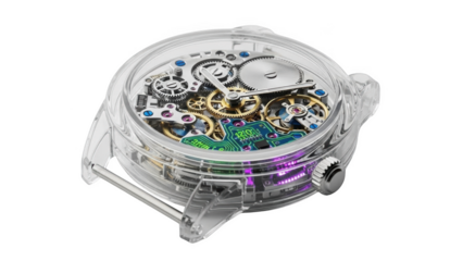 Transparent watch with visible intricate gears and circuit board clear timepiece