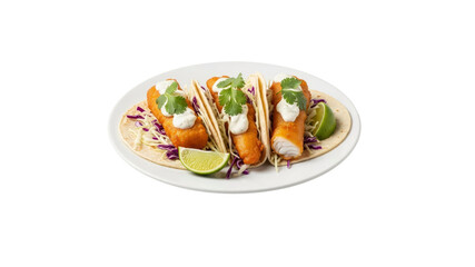 Fish tacos on a plate with lime wedges