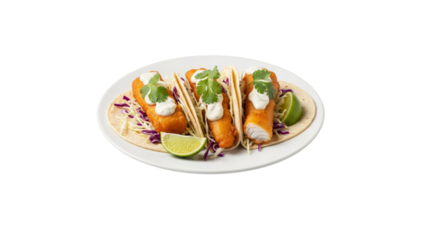 Fish tacos on a plate with lime wedges