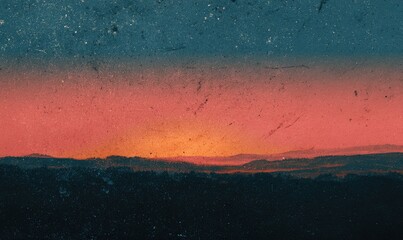 Atmospheric landscape of a sunset, showcasing vibrant colors and a blurred mountain range silhouette