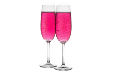 Two champagne flutes filled with pink bubbly liquid glass beverage