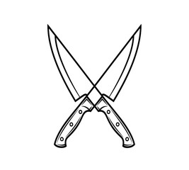 Two crossed kitchen knives in a simple black and white line art illustration