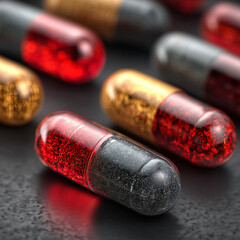 Macro view of red and black capsules symbolizing medicine and pharmaceutical