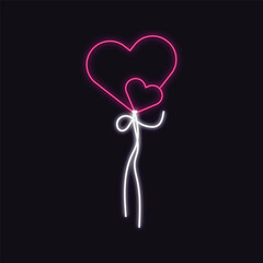 A glowing stick figure character holds two heart balloons in neon light art style