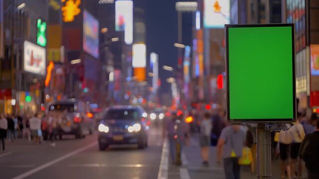 Vertical green screen billboard mockup on a busy downtown street at night. Blurry city lights, traffic, and pedestrians in the background.