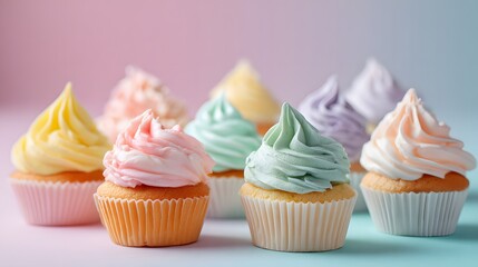 A row of colorful cupcakes with frosting on top