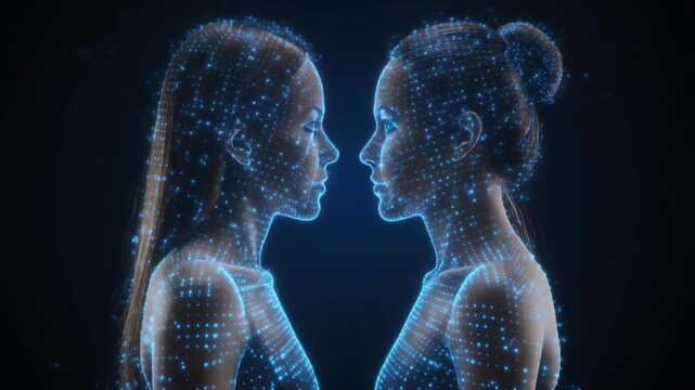 Two glowing wireframe women connect, representing digital identity, artificial intelligence, data transfer, and future technology interface.