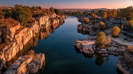 Serene Landscape with River Between Rocky Cliffs in Golden Hour Light