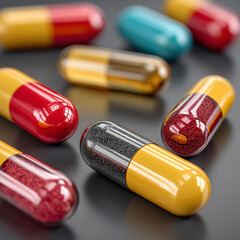 Closeup of colorful medical capsules and pills representing healthcare concept