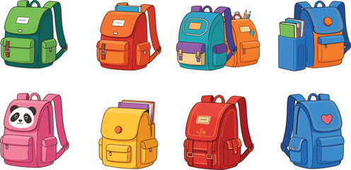 Cute school backpack vector set with colorful cartoon bags for kids, students, and education themes, playful accessories for learning and back to school design