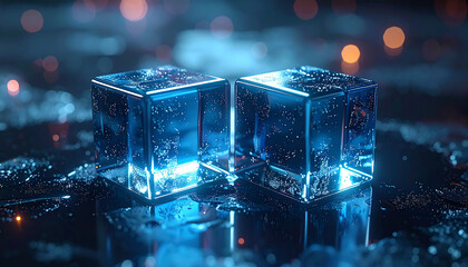 Glimmering Cubes of Innovation: Two luminous, clear cubes, showcasing an innovative design, rest on a reflecting surface. The ambiance captures both scientific precision and artistic vision. 