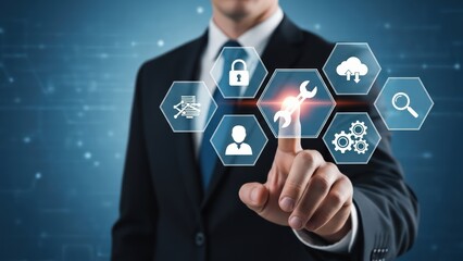Businessman Interacting with Digital Service Icons for Business Management and Technology Solutions data center