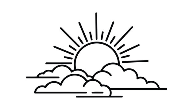 A simple line drawing of a sunrise or sunset with clouds and sun rays