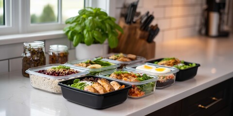 Meal prep with varied dishes arranged in containers on a kitchen counter