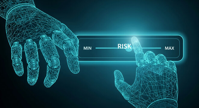 Image with digital wireframe hands touching a risk slider, representing technology, control, and decision-making related to assessment and management.