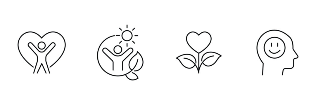Freshness happiness icon set, person in heart care, eco sunlight wellness, love flower growth, positive smiley mind mental health illustration.