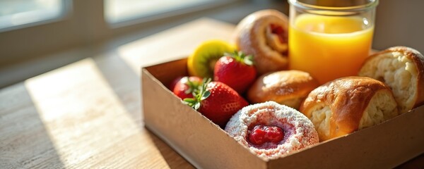 Cardboard box with assorted pastries, fresh strawberries, kiwi slices and orange juice. Simple breakfast option for a quick morning meal, healthy food choice.