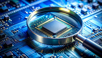 Microchip under Scrutiny: A close-up view of a microchip circuit board examined intently under a magnifying glass.