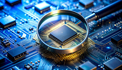 Microelectronics Under Scrutiny: A close-up view reveals a computer processor under the magnifying glass, the image showcasing the intricacies of modern technology.
