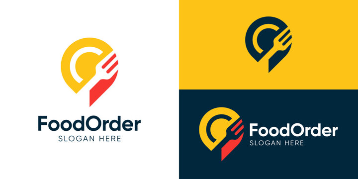 Creative simple food order logo template. Location symbol with fork logo design vector illustration.