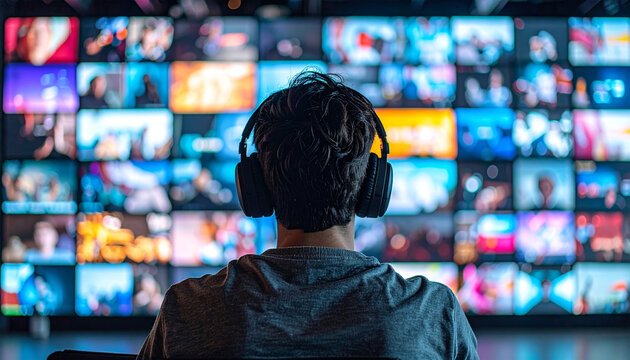 Person wearing large over-ear headphones sitting in front of a wall of multiple colorful digital screens displaying various images and videos