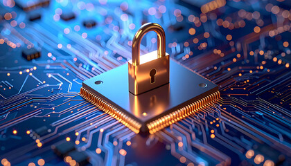 Digital Fortress: A gleaming padlock rests protectively upon a microchip, safeguarding data within a luminous network of circuitry, suggesting an era of advanced digital security. 
