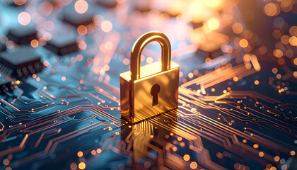 Digital Fortress: A close-up view of a golden padlock resting on a digital circuit board, symbolizing cybersecurity, digital safety, and data protection in the technological age.