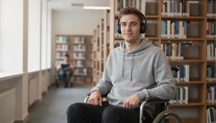 smiling man in wheelchair, wearing headphones, sits in library, studying amidst bookshelves, conveying cheerful mood, inclusivity, education, personal growth., themes: comfort, accessibility